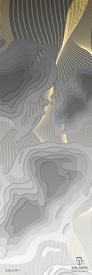 Layered gray shapes reminiscent of a topographic map combine with flowing yellow lines in the 22/23 Natural 111 Fine Art Print by Icelantic. This artwork is offered as a fine art print or as a giclee print on wrapped canvas, and features the Icelantic logo alongside the FAMT logo in the bottom right corner.