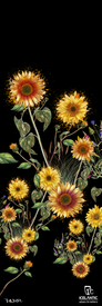 Tall, detailed illustration of blooming sunflowers with green leaves on a black background. The 22/23 Nia Pro 105 Fine Art Print by Icelantic features the brand’s logo, text, and artist signature in the bottom right corner.