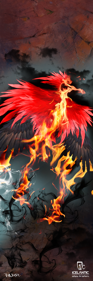 A fiery red phoenix with wings outstretched soars from swirling flames and smoke against a dark, textured backdrop. The Icelantic 22/23 Nomad 115 Fine Art Print is available as a striking giclee print or wrapped canvas, and features the Icelantic logo in the lower right corner.