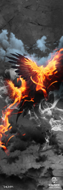 A fiery phoenix with blazing wings soars against a dark, smoky backdrop, enveloped by swirling clouds and embers. The Icelantic logo and artist's signature are featured at the base, making the 22/23 Nomad 95 Fine Art Print from Icelantic a striking option for fine art prints or as an impressive wrapped canvas display.