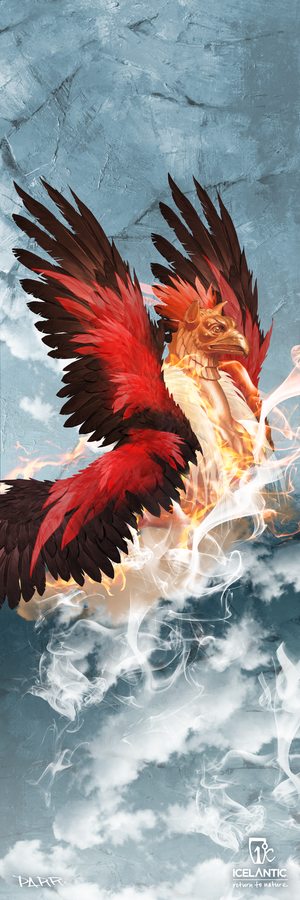 The 22/23 Nomad Lite Fine Art Print by Icelantic features a majestic, red-feathered phoenix with a golden beak and claws rising powerfully from swirling white clouds against a blue sky, beautifully rendered as a stunning addition to your art collection.