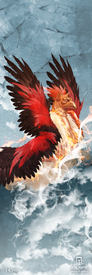 The 22/23 Nomad Lite Fine Art Print by Icelantic features a majestic, red-feathered phoenix with a golden beak and claws rising powerfully from swirling white clouds against a blue sky, beautifully rendered as a stunning addition to your art collection.