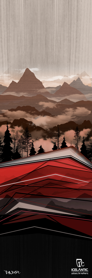 Experience the 22/23 Pioneer 109 Fine Art Print by Icelantic, featuring stylized mountains, pine trees, and a misty forest in earthy tones with bold angular red shapes in the foreground. This artwork is available as giclee art prints on fine art paper or wrapped canvas. The Icelantic and Return to Nature logos are displayed at the bottom.