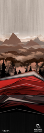 Experience the 22/23 Pioneer 109 Fine Art Print by Icelantic, featuring stylized mountains, pine trees, and a misty forest in earthy tones with bold angular red shapes in the foreground. This artwork is available as giclee art prints on fine art paper or wrapped canvas. The Icelantic and Return to Nature logos are displayed at the bottom.