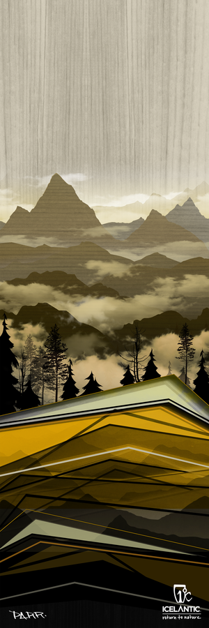 Geometric yellow hills, black trees, and misty peaks form a stylized mountain landscape beneath a textured sky in the 22/23 Pioneer 86 Fine Art Print by Icelantic. Ideal for stretched canvas or giclee art prints, this artwork features the Icelantic logo and text in the bottom right corner.
