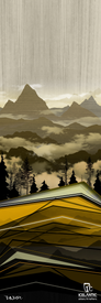 Geometric yellow hills, black trees, and misty peaks form a stylized mountain landscape beneath a textured sky in the 22/23 Pioneer 86 Fine Art Print by Icelantic. Ideal for stretched canvas or giclee art prints, this artwork features the Icelantic logo and text in the bottom right corner.