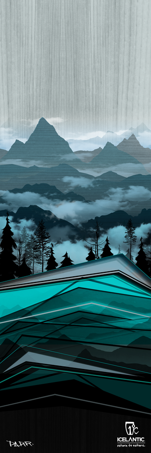 Immerse yourself in the stunning "22/23 Pioneer 96 Fine Art Print" by Icelantic, featuring a stylized alpine landscape with layered blue and teal mountains, dark trees in the foreground, and misty distant peaks. This textured, artistic piece includes Icelantic and PARR logos at the bottom—perfect for fine art prints or as an eye-catching giclee print on wrapped canvas.