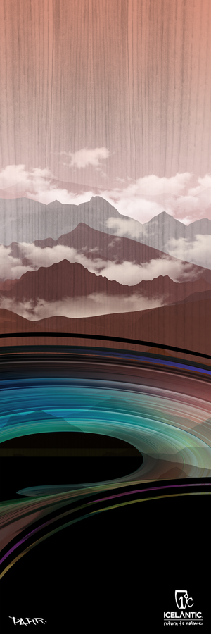 The 22/23 Riveter 104 Fine Art Print by Icelantic features abstract mountains beneath drifting clouds, with vibrant wavy lines below that evoke water or wind. The wood grain textured background enhances the depth and allure of this giclee print, while the Icelantic and TAPP logos are displayed at the bottom.