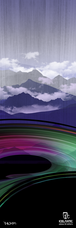 22/23 Riveter 85 Fine Art Print by Icelantic features digital artwork of misty mountains with clouds, a purple and green abstract curved foreground, and a wood grain texture overlay. This fine art print includes both the “Icelantic” and “Parker” logos at the bottom.