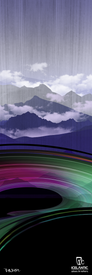 22/23 Riveter 85 Fine Art Print by Icelantic features digital artwork of misty mountains with clouds, a purple and green abstract curved foreground, and a wood grain texture overlay. This fine art print includes both the “Icelantic” and “Parker” logos at the bottom.