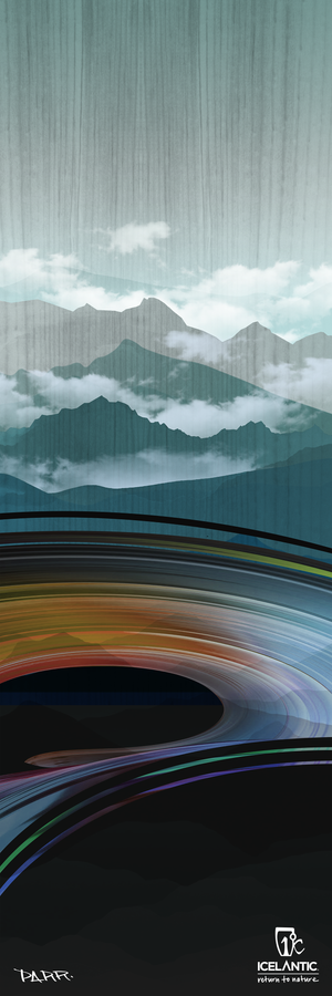 Experience the captivating "22/23 Riveter 95 Fine Art Print" by Icelantic—a digital artwork depicting misty blue mountains and clouds rising above abstract, colorful swirling lines. A woodgrain texture overlays the top half, adding depth and intrigue to this striking composition. Available as a fine art print or a stunning wrapped canvas, this piece is finished with the Icelantic logo in the bottom corner.