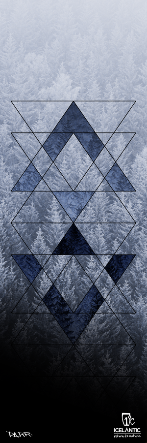 Featuring a graphic design of a frost-covered pine forest layered with blue-tinted geometric triangles, the 22/23 Saba Pro 107 Fine Art Print by Icelantic displays the PARR. name and the Icelantic: return to nature logo along a sleek black gradient at the bottom. This striking piece is offered as a fine art or giclee print—perfect for anyone seeking modern, nature-inspired wall décor.