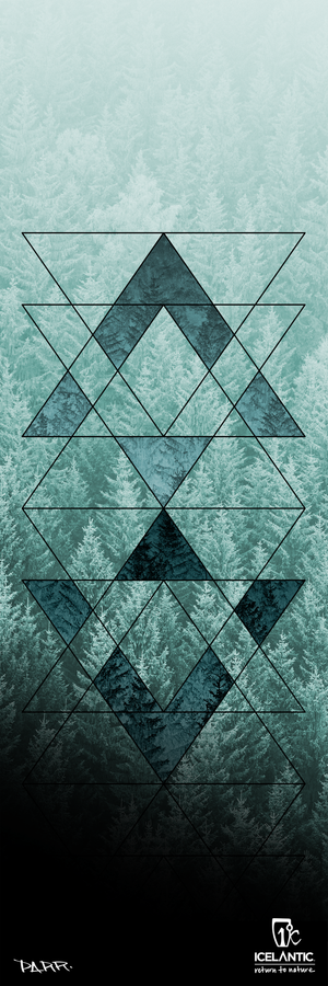 Geometric black lines form overlapping diamonds over a misty, green-tinted forest background, creating a striking design on the 22/23 Saba Pro 117 Fine Art Print by Icelantic—perfect for fine art prints or wrapped canvas displays. Logos for PARR and Icelantic appear at the bottom right.
