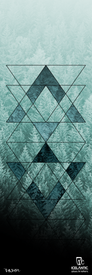 Geometric black lines form overlapping diamonds over a misty, green-tinted forest background, creating a striking design on the 22/23 Saba Pro 117 Fine Art Print by Icelantic—perfect for fine art prints or wrapped canvas displays. Logos for PARR and Icelantic appear at the bottom right.