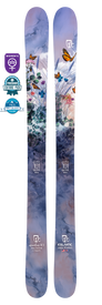 The Icelantic 22/23 Maiden 101 skis feature a striking blue, purple, and pink nature-inspired design with butterflies and plants. Engineered specifically as a women’s Freeride ski with a Hybrid Flight Core for lightweight performance, these skis are perfect for powder skiing adventures. Displayed on the left are two award badges: a Women’s Specific badge and an Editors’ Pick badge.
