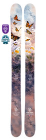 The Icelantic 22/23 Maiden 111 is a women’s freeride ski with an artistic design of orange butterflies, yellow flowers, rocks, and a cloudy sky. Recognized as an editor’s pick, it also features a dedicated women’s badge near the skis.
