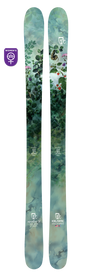 A pair of Icelantic 22/23 Maiden 91 women’s skis featuring a green leafy design, vibrant purple and red flowers, and a butterfly motif on the topsheet; with a 91 mm waist width, these freeride skis are as stylish as they are versatile.