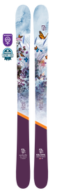 The Icelantic 22/23 Maiden Lite women’s skis showcase a nature-inspired design with butterflies, wildflowers, and tall grass in blue, purple, and orange tones. Handmade in Colorado, these skis have been recognized as an Editors Pick.