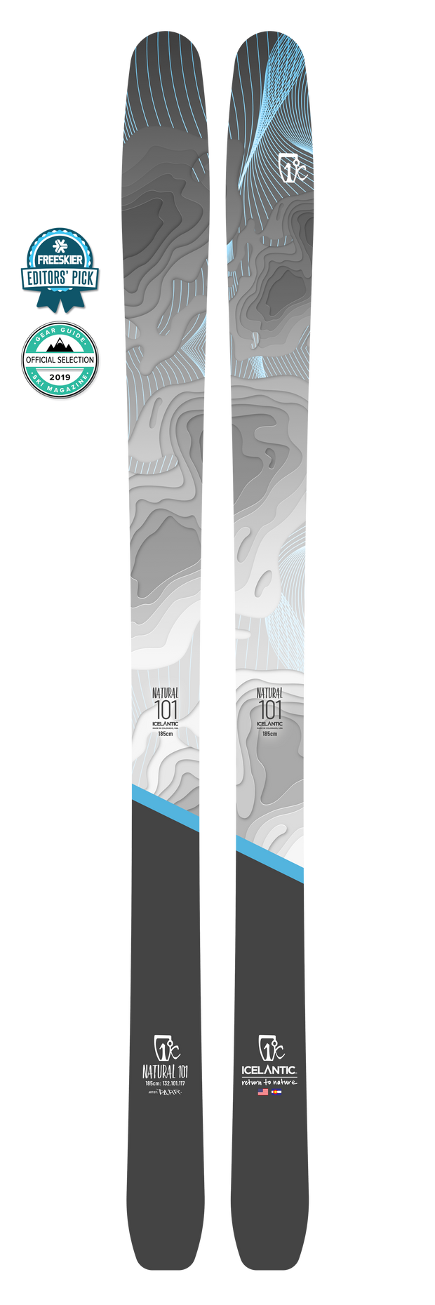 A pair of Icelantic 22/23 Natural 101 skis featuring a gray, white, and blue topographic map graphic. Constructed with a Feather-Weight Wood Core for backcountry enthusiasts seeking a lightweight touring ski, these skis have earned both the Editor’s Pick and Official Selection badges for 2023.
