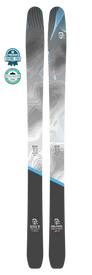 A pair of Icelantic 22/23 Natural 101 skis featuring a gray, white, and blue topographic map graphic. Constructed with a Feather-Weight Wood Core for backcountry enthusiasts seeking a lightweight touring ski, these skis have earned both the Editor’s Pick and Official Selection badges for 2023.