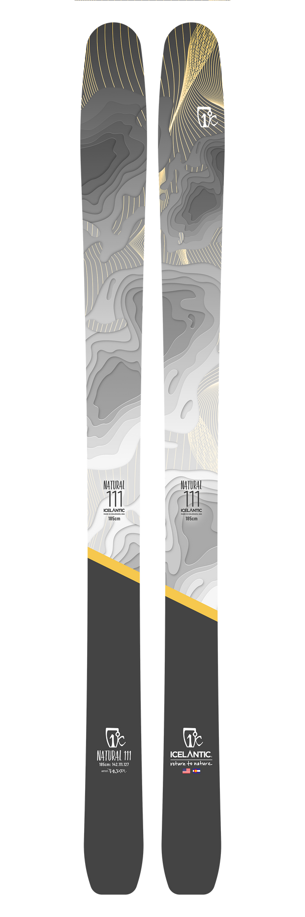 The Icelantic 22/23 Natural 111 is a pair of ultra-light powder touring skis featuring a gray, white, and yellow topographic map design with “NATURAL 111” and “ICELANTIC” displayed near the base. Handmade in Colorado, these skis are perfect for exploring untouched terrain.