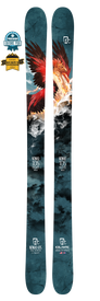A pair of skis featuring striking artwork of a fiery red and orange phoenix soaring over stormy clouds—these are the Icelantic 22/23 Nomad 105, a standout freeride ski handmade in Colorado. A Freeskier Editors Pick badge is displayed at the top left.