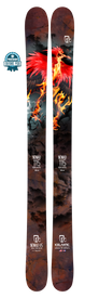 A pair of Icelantic 22/23 Nomad 115 skis featuring a striking red phoenix encircled by flames above dark, rocky details. Engineered as big mountain freeride skis with Hybrid Flight Core technology for powerful performance and versatility. Graphics include the Nomad 115 name, Icelantic branding, and a blue Editors Pick badge.