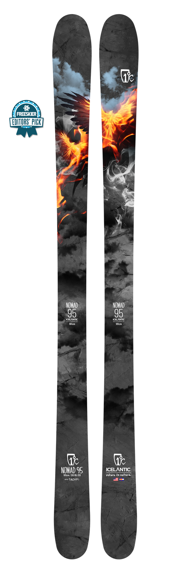 Pair of Icelantic 22/23 Nomad 95 skis, handmade in Colorado, showcasing a bold orange and red phoenix graphic over a dark, smoky base, topped with a blue “Editor’s Pick” badge in the upper left corner.