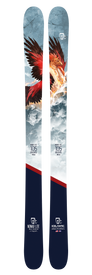 The Icelantic 22/23 Nomad Lite skis showcase a striking illustration of a red and orange phoenix with outstretched wings, soaring against a cloudy sky backdrop. Engineered as an ultra-light freeride ski, they're ideal for backcountry touring pursuits. The graphics feature the text "Nomad Lite 105" and "Icelantic" near the base.