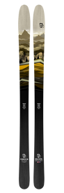 A pair of Icelantic 22/23 Pioneer 86 all-mountain skis featuring a mountain landscape design in shades of yellow, green, and gray near the top, with black and white text and logos near the bottom. Handmade in Colorado.