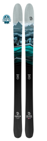 A pair of all-mountain Icelantic 22/23 Pioneer 96 skis featuring a teal and black mountain and forest design. Handmade in Colorado, these skis display the "Pioneer 96" and "Icelantic" logos, as well as a Freeskier Editor’s Pick badge in the top left corner.