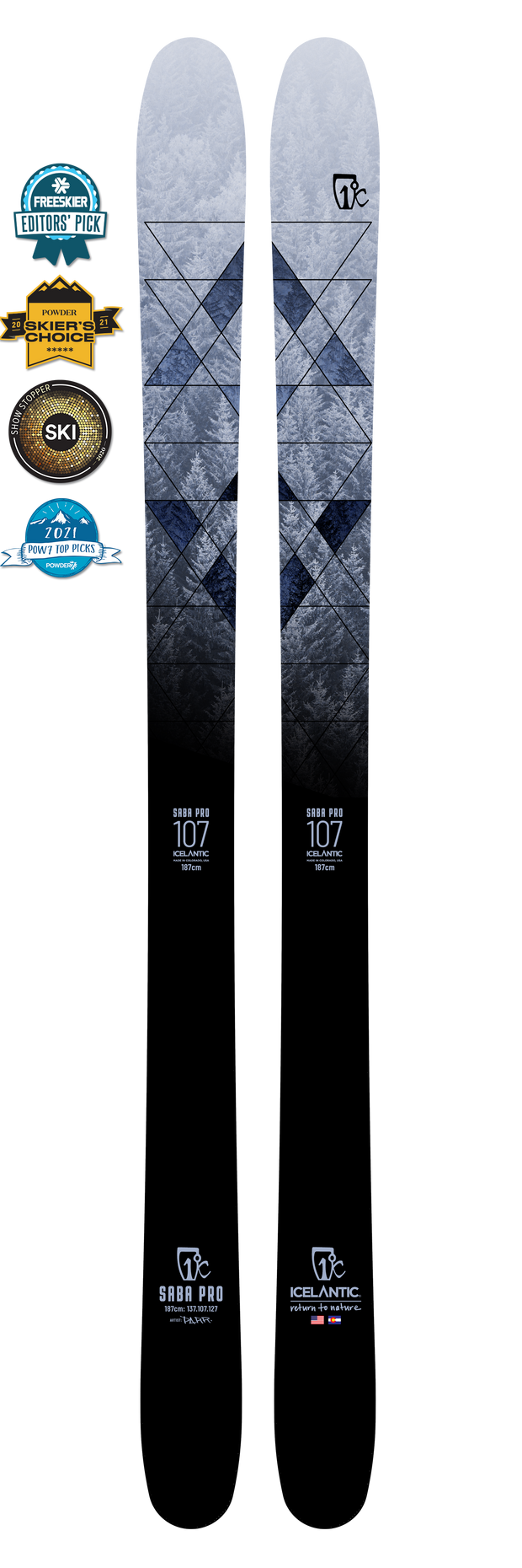 A pair of black and gray Icelantic 22/23 Saba Pro 107 skis featuring a diamond pattern and Reflective Rocker technology are shown, positioned next to three award badges displayed on their left.