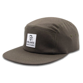 The RTN 5-Panel - Olive by Icelantic Skis is an olive green cotton twill five-panel hat with a flat brim. The front displays a rectangular white patch featuring the Icelantic logo, the word "ICELANTIC," and smaller text reading "Return to Nature.