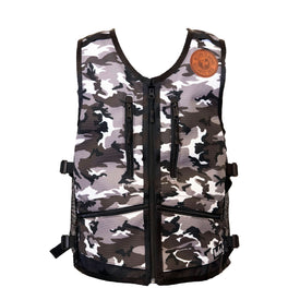 A front view of the Icelantic Skis WhatVest - Snow Camo, a sleeveless camouflage snowboard utility vest featuring multiple zippered pockets, adjustable side straps, and a circular brown patch on the left shoulder. The vest is displayed on a plain white background.