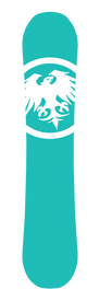 A turquoise snowboard from Icelantic, the 10-Year WOTR Infinity, features a white eagle logo enclosed in an oval at the top. The rest of this all-terrain deck is solid turquoise with no additional designs or markings.
