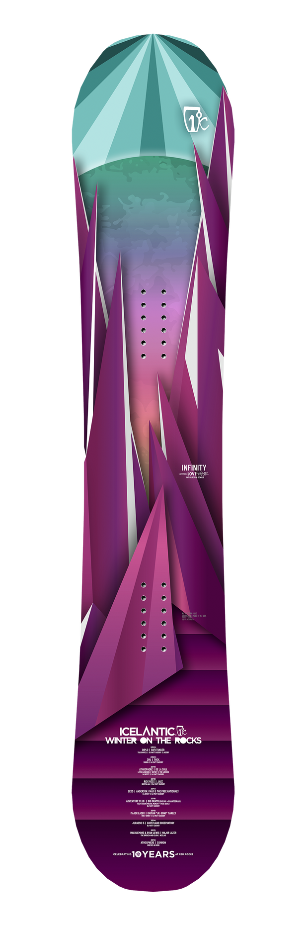 Show off your style on the slopes with the Icelantic 10-Year WOTR Infinity snowboard, featuring a striking geometric mountain design in purple, pink, and teal with sharp peaks set against a gradient sky. This all-terrain deck embodies Icelantic’s renowned craftsmanship and proudly displays "Winter on the Rocks 10 Years" near the base for a bold winter statement.
