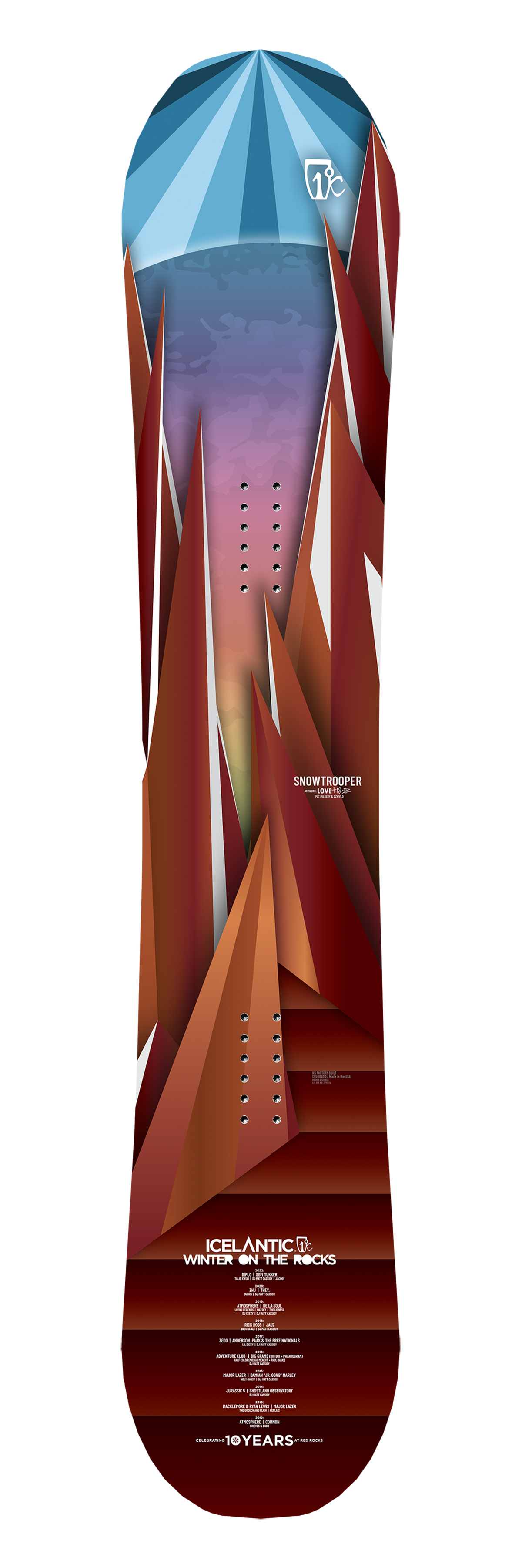 Introducing the 10-Year WOTR Snowtrooper by Icelantic—a limited edition snowboard featuring striking geometric mountain artwork in red, blue, and brown tones. This special design showcases the text “SNOWTROOPER,” “ICELANTIC,” and “WINTER ON THE ROCKS 10 YEARS” on a crisp white background.
