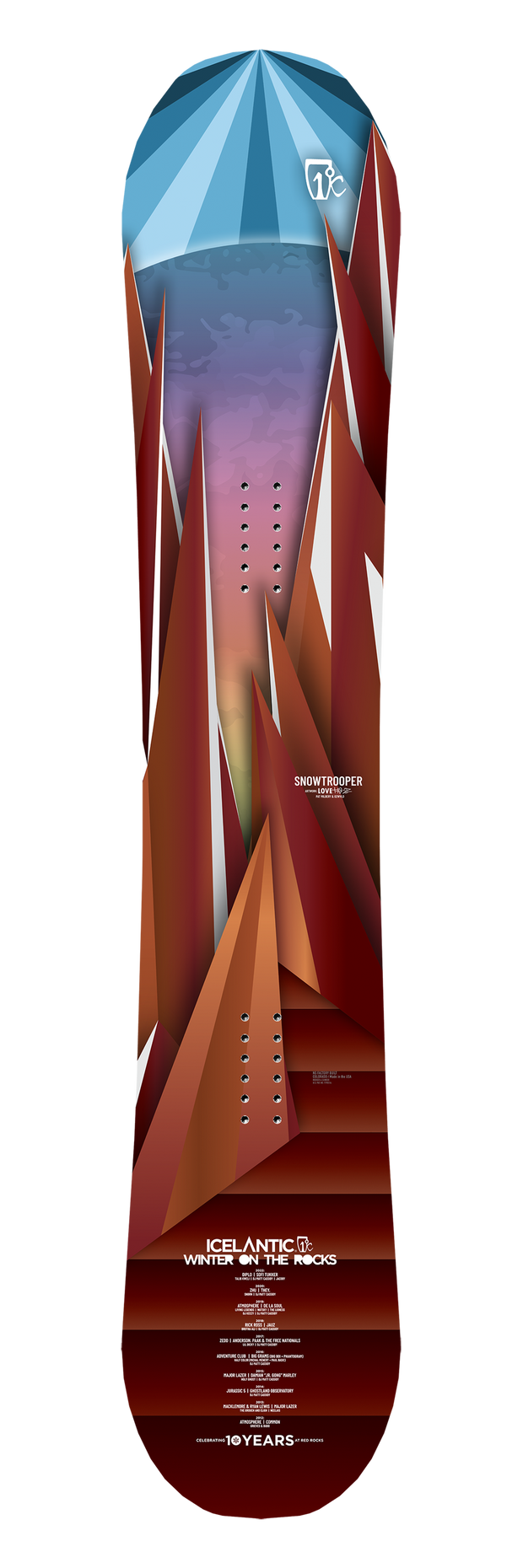 Introducing the 10-Year WOTR Snowtrooper by Icelantic—a limited edition snowboard featuring striking geometric mountain artwork in red, blue, and brown tones. This special design showcases the text “SNOWTROOPER,” “ICELANTIC,” and “WINTER ON THE ROCKS 10 YEARS” on a crisp white background.