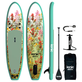 Experience versatile fun on the water with the Ionic X Parr Paddleboard - Yoga Green by Icelantic Skis. This all-water inflatable paddleboard set features a unique floral design and includes two board views, a side profile, paddle, pump, leash, and a black carrying bag marked “ionic.” Perfect for any adventure on the water!.