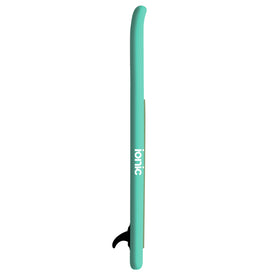 A Yoga Green and beige inflatable paddleboard, the Ionic X Parr Paddleboard by Icelantic Skis, is shown from the side with "ionic" displayed vertically and a single black fin attached to the bottom. This versatile all-water paddleboard is perfect for paddlers of all skill levels.