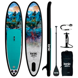 Two Ionic X Parr Paddleboards - All Water Black by Icelantic Skis, featuring a striking mountain and lake design with a teal standing area, detachable fin, black paddle, coiled leash, hand pump, and a black carrying bag. These all water paddleboards are ideal for any adventure.