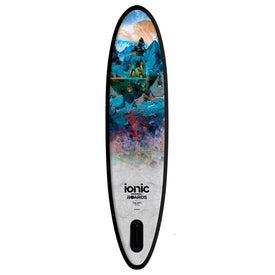 Experience the Ionic X Parr Paddleboard – All Water Black by Icelantic Skis, a vibrant and artistic inflatable paddleboard adorned with breathtaking mountains, trees, and a serene lake scene. The board features the iconic Icelantic Skis logo near the tip and includes a fin box at the bottom, making it an ideal all-water paddle board for your next adventure.