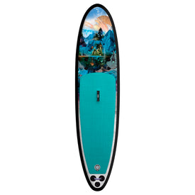 The Icelantic Skis Ionic X Parr Paddleboard - All Water Black features a teal deck pad accented by a vibrant graphic of mountains, trees, and a paddler on a lake. Designed with black edges and a circular valve near the tail, this board is the ideal choice for adventures on any body of water.