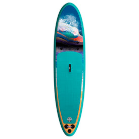 The Ionic X Parr Paddleboard - All Water Teal by Icelantic Skis features a textured deck, vibrant wave design at the front, black bungee cords, and a central carry handle—making it the perfect all-water paddle board for your next adventure.