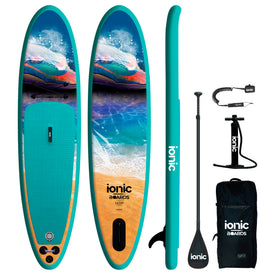 A teal and vibrant Ionic X Parr inflatable paddleboard by Icelantic Skis, featuring beach and wave graphics, is displayed from three different angles. The set includes a paddle, pump, coil leash, and a black carrying bag labeled “ionic.” The Ionic X Parr Paddleboard - All Water Teal is ideal for any water adventure.