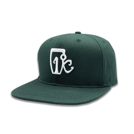 The Icelantic One Degree Snapback Hat - Forest features a rich dark green hue, crafted from durable cotton twill with a flat brim and finished with a white embroidered logo of stylized letters on the front—a true classic addition to any collection.