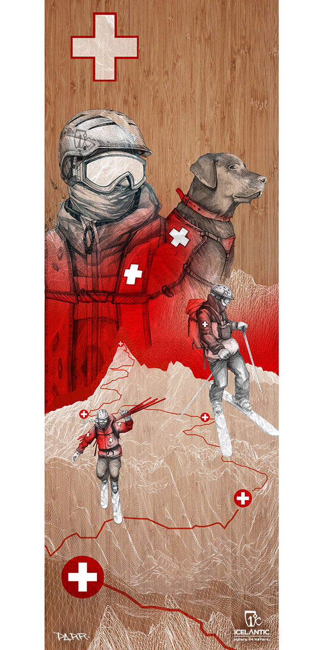 Featuring an illustration of a ski patroller, a rescue dog, and two rescuers working together on snowy mountains, with red crosses symbolizing rescue throughout and set against a wooden background. The artwork is finished with the Icelantic Skis and NSP logos at the bottom. The Patrol Pioneer Fine Art Print by Icelantic Skis is available as fine art prints or wrapped canvas giclee prints for an elegant display.