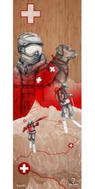 Featuring an illustration of a ski patroller, a rescue dog, and two rescuers working together on snowy mountains, with red crosses symbolizing rescue throughout and set against a wooden background. The artwork is finished with the Icelantic Skis and NSP logos at the bottom. The Patrol Pioneer Fine Art Print by Icelantic Skis is available as fine art prints or wrapped canvas giclee prints for an elegant display.