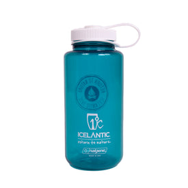Introducing the RTN Seal Nalgene by Icelantic Skis—a teal water bottle crafted from BPA-free Tritan plastic. It features a white screw-top lid, a convenient side loop, and is adorned with the Icelantic Skis and Nalgene logos, along with the "return to nature" slogan printed in white.
