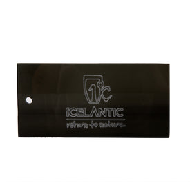 The Icelantic Skis Logo Wax Scraper is a black plastic tool with a hole in one corner, featuring the Icelantic logo and the phrase "return to nature" engraved in white.